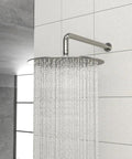 Shower Faucet Set, 10-Inch Rainfall Head with Valve, Brushed Nickel rainfall showerhead mounted on a tiled wall.
