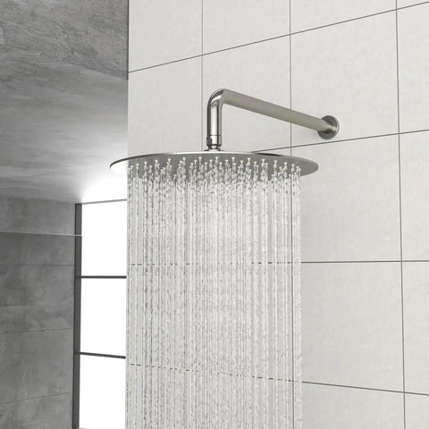 Shower Faucet Set, 10-Inch Rainfall Head with Valve, Brushed Nickel rainfall showerhead mounted on a tiled wall.