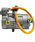 Precision Engineered Heavy Duty Auto AC Compressor Compatible With Tesla Model X 2016 Through 2020 R1234Yf Refrigerant side view with yellow and orange wiring.