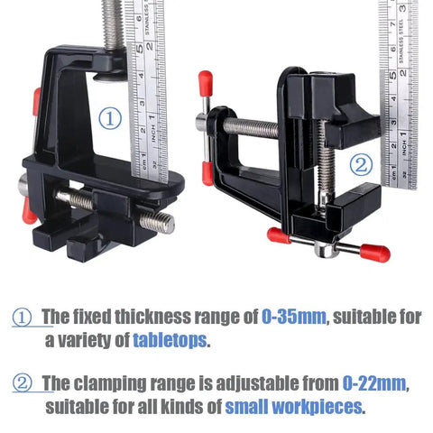 Front view of Mini Tabletop Vise Clamp On For Jewelry Making And Watch Repair, Portable Aluminum Alloy Bench Vise, Black.