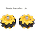 Pair of yellow 48mm mecanum omni wheels with gray center bore and black angled rollers