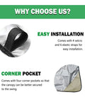 Features of Weatherproof Swing Canopy Replacement Cover with velcro straps and corner pockets for easy installation.