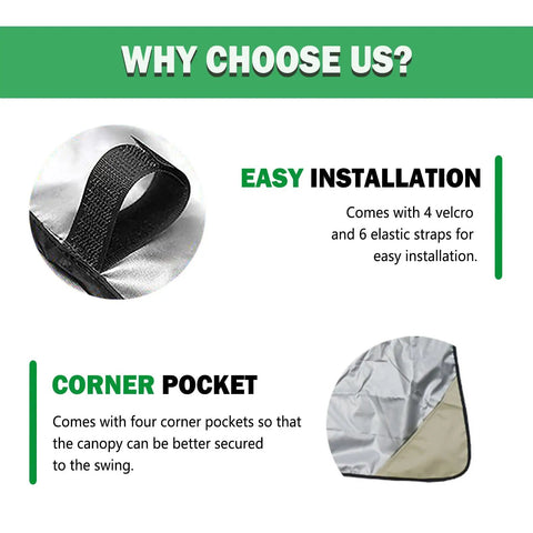Features of Weatherproof Swing Canopy Replacement Cover with velcro straps and corner pockets for easy installation.