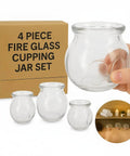 Deluxe 4 Piece Glass Cupping Set With Fire Cupping Jars Vacuum Therapy 4 Sizes And Handy Finger Grips shown with packaging