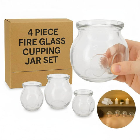 Deluxe 4 Piece Glass Cupping Set With Fire Cupping Jars Vacuum Therapy 4 Sizes And Handy Finger Grips shown with packaging
