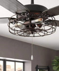 Ceiling fan with metal cage and pull chain in a modern room