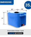 35 Gallon Blue Portable Stackable Water Storage Tank For Safe Drinking Water with dimensions labeled, durable polyethylene.