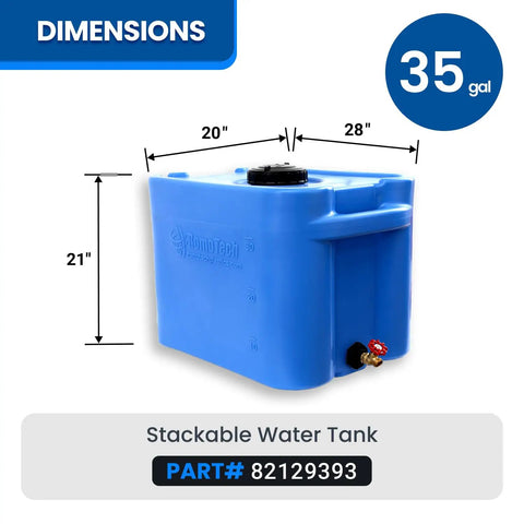 35 Gallon Blue Portable Stackable Water Storage Tank For Safe Drinking Water with dimensions labeled, durable polyethylene.