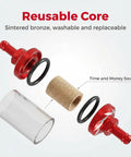 Exploded view of Five Sixteenth Inch Beefy Inline Gas Filter With Reusable Aluminum Body And Clear Glass, showing parts.