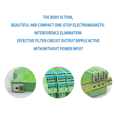 Collage of 2 Channel Signal Isolator For 24V DC PLC Systems with mounting detail, showing ultra slim design and dual input/output connections.