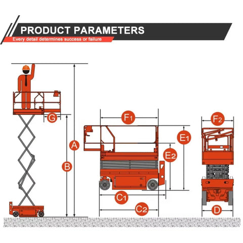 Product parameters diagram of Heavy Duty Mobile Scissor Lift Pumping Smooth Hydraulic Power And Roomy Anti Slip Platform.
