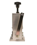 Front view of benchtop wire stripping machine for copper wire from 0.15 inch to 1 inch, drill powered or manual hand crank operation.