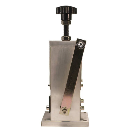 Front view of benchtop wire stripping machine for copper wire from 0.15 inch to 1 inch, drill powered or manual hand crank operation.