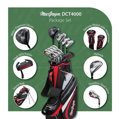 DCT4000 16 Piece Golf Club Set With Bag For Right Hand Players with clubs, bag, titanium driver, and head covers displayed