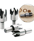 Pro Grade Slick Acting Wood Plug Cutter Set Built Tough With Heavy Duty Carbon Steel showing four tapered wood plug cutters.