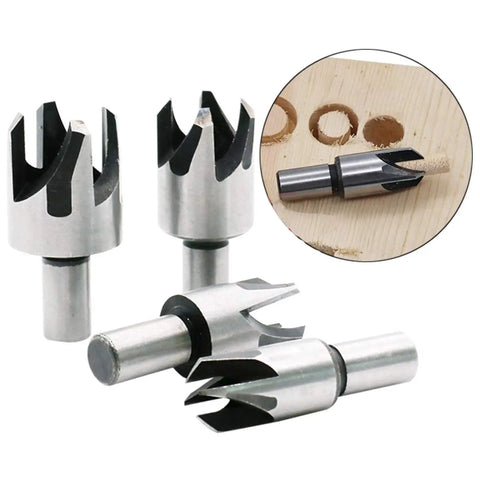 Pro Grade Slick Acting Wood Plug Cutter Set Built Tough With Heavy Duty Carbon Steel showing four tapered wood plug cutters.
