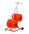 Mobile Wire Spool Rack With Wheels For Industrial And Retail Use in stainless steel with orange reels, side view
