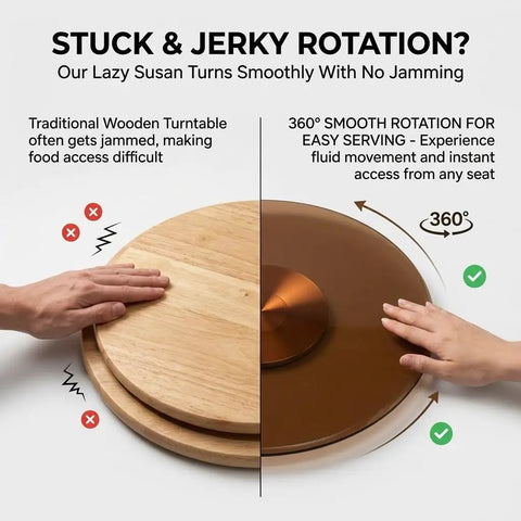 Brown Tempered Glass Lazy Susan Turntable With Heavy Duty Build And Swivel Assist System, Silent 360 Degree Spin vs wooden turntable