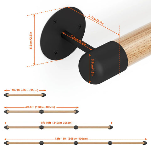 Close-up view of Heavy Duty 12 Foot Round Wooden Stair Handrail Wall Mount with black wall mount and measurements.