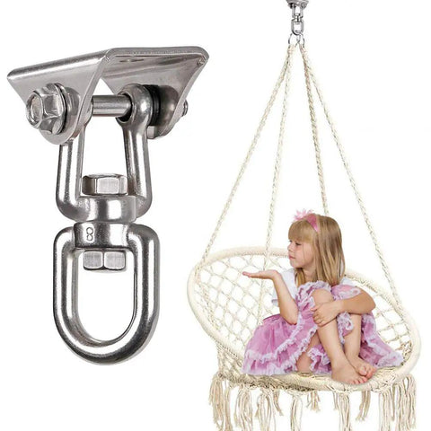 Heavy Duty 360 Degree Swivel Hanger Built Tough As Nails From Rustproof Stainless Steel Ceiling Bracket supporting a child on a hanging chair.
