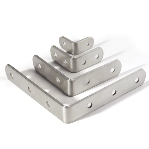 Dang Solid Stainless Steel Corner Braces Heavy Duty Right Angled L Shaped Brackets For Wood Furniture Bedframes And Cabinets Built Tough Diy Kit Of Ten Pieces stacked in various sizes showing pre drilled holes.