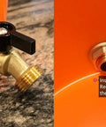 Brass Rain Barrel Spigot With Garden Hose Hookup, Solid Quarter Turn Ball Valve, Lead Free Compliant, Leak Proof, Rust Proof, Freeze Proof, Aluminum Handle, For Open Top Barrels And Rainwater Containers installed in orange barrel