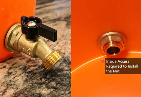Brass Rain Barrel Spigot With Garden Hose Hookup, Solid Quarter Turn Ball Valve, Lead Free Compliant, Leak Proof, Rust Proof, Freeze Proof, Aluminum Handle, For Open Top Barrels And Rainwater Containers installed in orange barrel