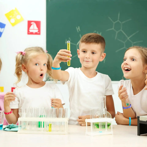 Children wearing Science Party Favors Silicone Bracelets Bulk Multicolor Lab Wristbands Set 36 Pcs For Back To School Classroom Gifts
