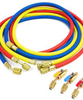 60 Inch Refrigerant Charging Hose With Ball Valve For R134A R12 R22 R502 R404 HVAC Manifold Gauge 1/4 Inch Threads 3 Color Coded Red Yellow Blue Set Of 3, 600 PSI Working, 3000 PSI Burst, Easy Install, Must Have For DIY Pros