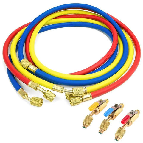60 Inch Refrigerant Charging Hose With Ball Valve For R134A R12 R22 R502 R404 HVAC Manifold Gauge 1/4 Inch Threads 3 Color Coded Red Yellow Blue Set Of 3, 600 PSI Working, 3000 PSI Burst, Easy Install, Must Have For DIY Pros