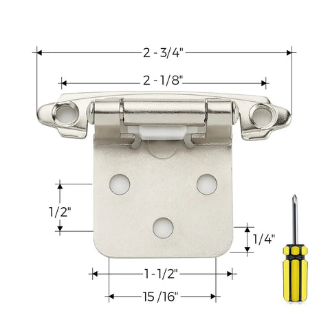 60 Pack Cabinet Hinges 30 Pairs One Half Inch Overlay Semi Concealed Face Mount Self Closing With Bumpers And Screwdriver