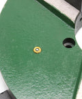 Close-up of 12 Inch Three Jaw Self Centering Welding Positioner Table Chuck With Reversible Jaws And Handle Drive, green steel surface.