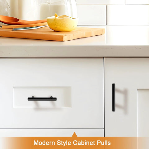5 Pack Black Stainless Steel Cabinet Pulls T Bar Handles For Kitchen Cabinets And Drawers, installed on white cabinets