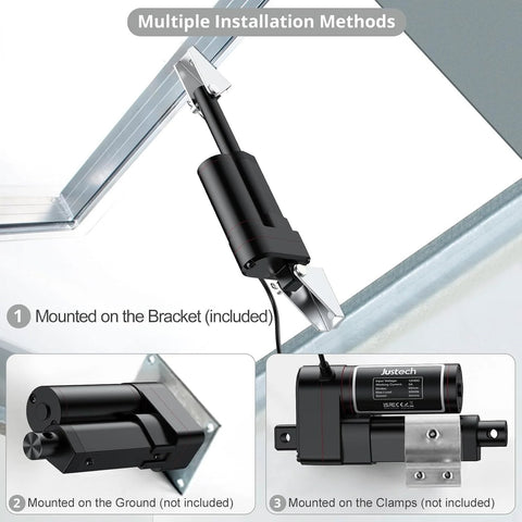 Justech 12V heavy-duty linear actuator with mounting bracket installed on skylight frame
