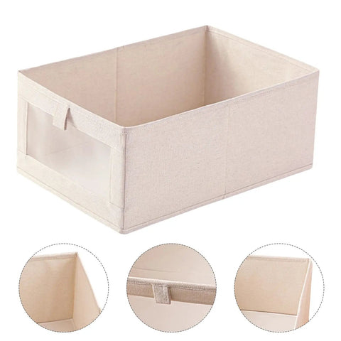 Sleek Foldable Cotton Linen Closet Storage Bins With Clear Window For Clothes Books And Toys Slick Multi Purpose Skinny Containers view from the side