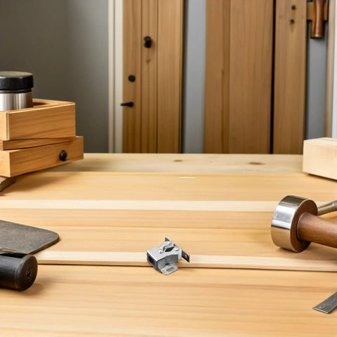 12 Pack Stainless Steel Cabinet Door Latch Double Roller Bead Roller Catch on wooden table in workshop