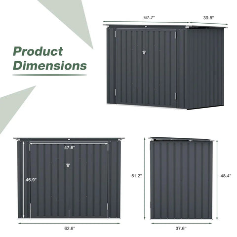 Dimensions of Heavy Duty 3 By 6 Ft Outdoor Storage Shed For Trash Cans And Bikes, Waterproof Garbage Can Organizer, Dark Grey.
