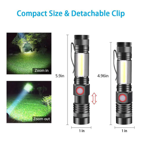 Rechargeable LED Flashlight With Strong Magnetic Tail COB Work Light And Side Light Waterproof Compact Size