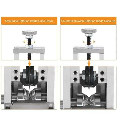 Manual Electric Wire Stripper Machine Adjustable Blade For Copper Cable Peeling Automatic Stripping Tool showing clockwise and counterclockwise operation.
