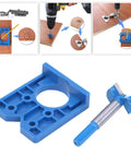 Concealed Hinge Jig 35mm Drilling Guide for Frameless Cabinets and Wardrobes, showing blue guide and drill bit