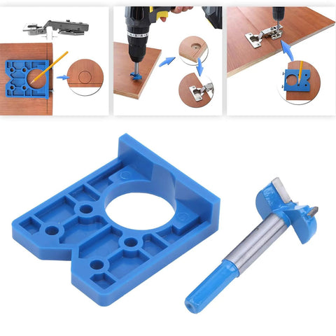 Concealed Hinge Jig 35mm Drilling Guide for Frameless Cabinets and Wardrobes, showing blue guide and drill bit