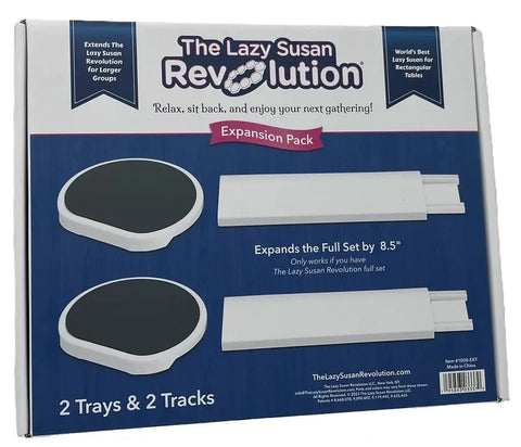 No Stress Lazy Susan Revolution Expansion Pack Dark Gray With Two Straight Tracks And Two Heat Resistant Non Slip Trays For A Tight Kitchen Cabinet Heavy Duty Pro Setup displayed on packaging with trays and tracks.