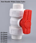 Heavy Duty Hose Connector Set With Double Union Ball Valve For Garden Watering And Irrigation System, Red White Valve, Leak Proof Water Pipe Fittings, Durable Outdoor Plumbing Kit For Quick, Secure Connections, PVC 20-63mm