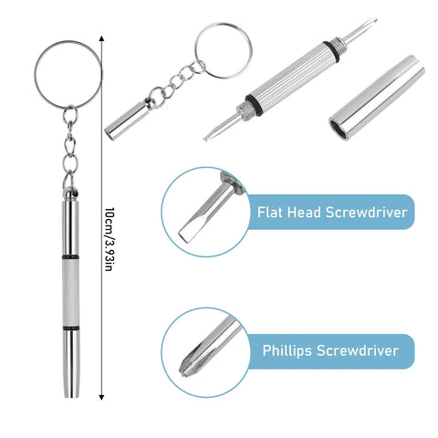 Glasses Repair Kit With Hinge Tighteners, Frame Grips And Silicone Rings, 2 compact metal screwdrivers showing flat and Phillips heads.