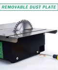 Heavy Hitter Mini Table Saw With Nifty Quick Change Blades For Precision Diy Cuttings And Wood Engraving Compact Workshop Tool showing removable dust plate and blade detail.