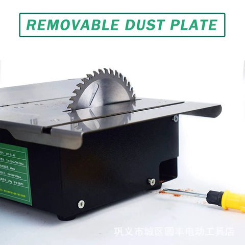 Heavy Hitter Mini Table Saw With Nifty Quick Change Blades For Precision Diy Cuttings And Wood Engraving Compact Workshop Tool showing removable dust plate and blade detail.