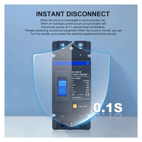 Top Shelf 2 Pole DC Circuit Breaker 1000V MCCB with clear shield, rated 125A, ensuring instant disconnect for solar and RV use.