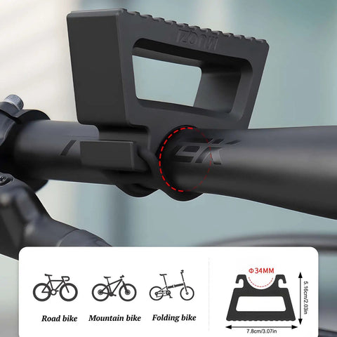1 Pair Bike Handlebar Bracket Clamp For 29 To 34mm Bars, installed on bike, shown with compatibility icons for road, mountain, folding bikes