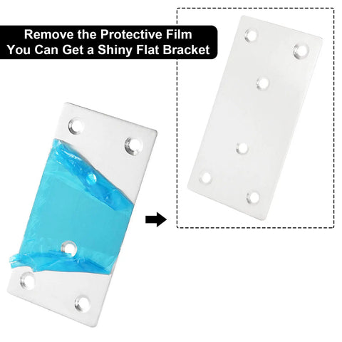 Heavy Duty Stainless Steel Flat Brackets 30 Pack 4 By 2 Inch Mending Plates For Furniture Wood Shelf Repair Built Tough Rock Solid No Hassle Mounting With Screws Included, showing protective film removal.