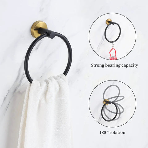 Get Your Hands On This Black And Gold Bathroom Hardware Set That Comes With Two Sixteen Inch Towel Bars Two Toilet Paper Holders Two Towel Rings And Four Robe Hooks Making It A Full Ten Piece Kit Ideal For Any Modern Or Classic Bathroom Setup showing towel ring on marble wall